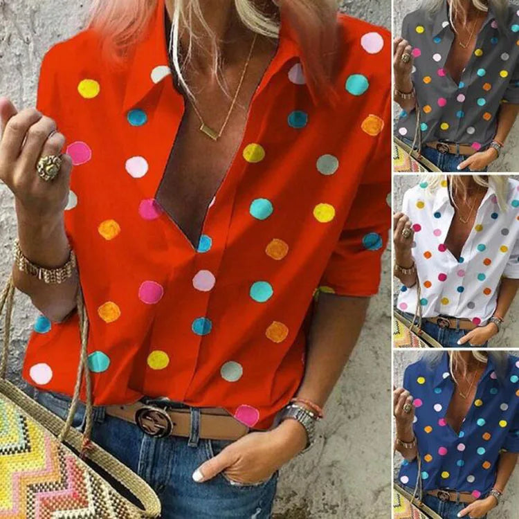 Polka Dot Blouse Women Turn Down Collar Long Sleeve Shirts