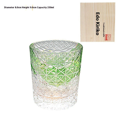 Edo Kiriko Japanese Handmade Cut Glass Cup – Single or Set of 4 - Green Wooden Box - Glass Art
