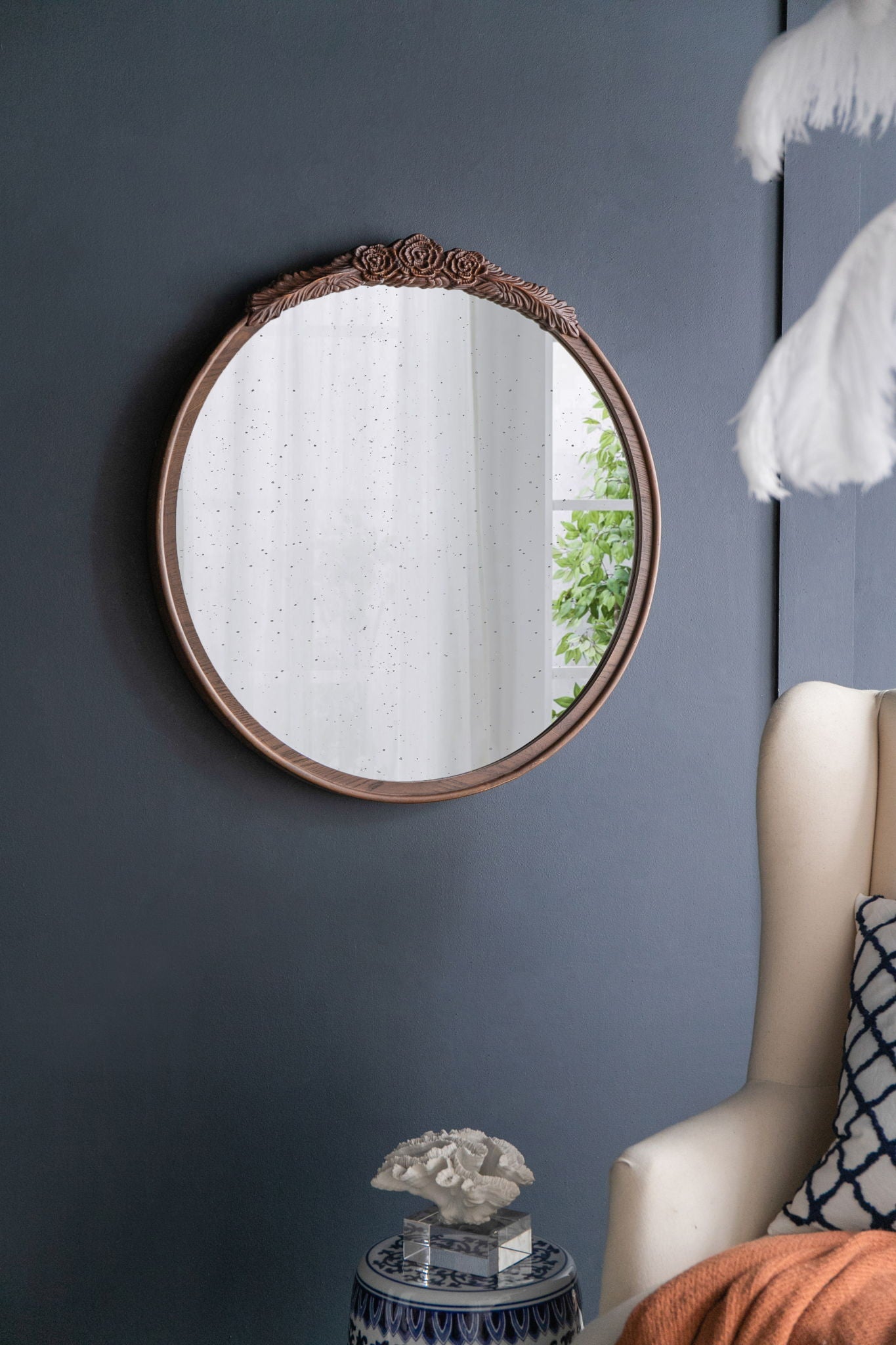 Round Hand Carved Rose Antique Mirror Frame, Wall Mirror For Live Space - Light Brown - Wall Mirrors
