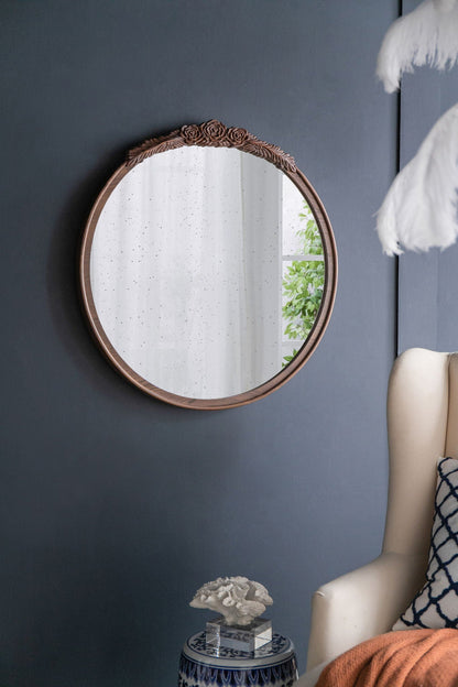 Round Hand Carved Rose Antique Mirror Frame, Wall Mirror For Live Space - Light Brown - Wall Mirrors