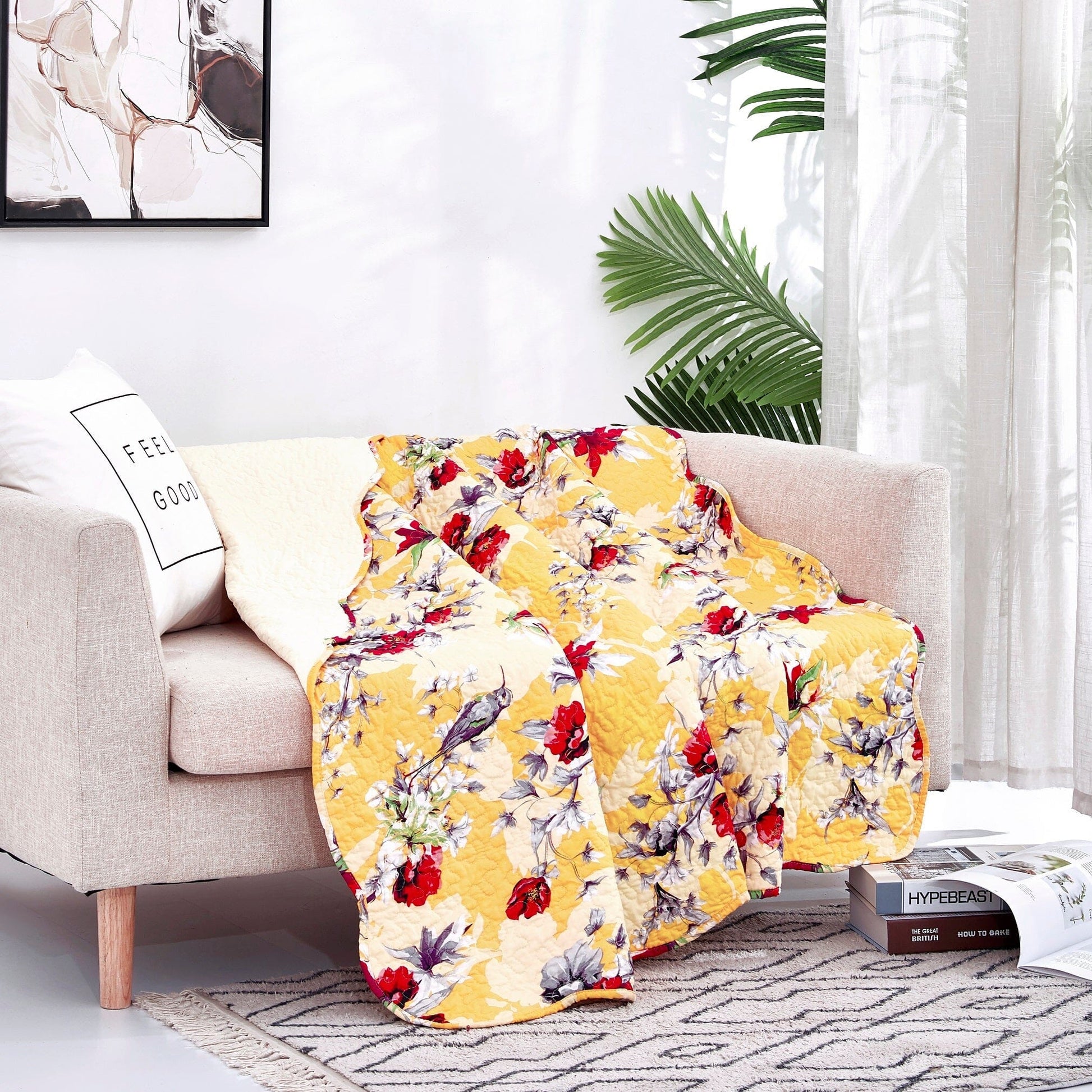 DaDa Bedding Yellow Floral Quilted Throw Blanket - Hummingbirds Farmhouse Red Flowers for Couch, Sofa or Bed- Scalloped Edges - 50 x 60 - - Throw Blankets