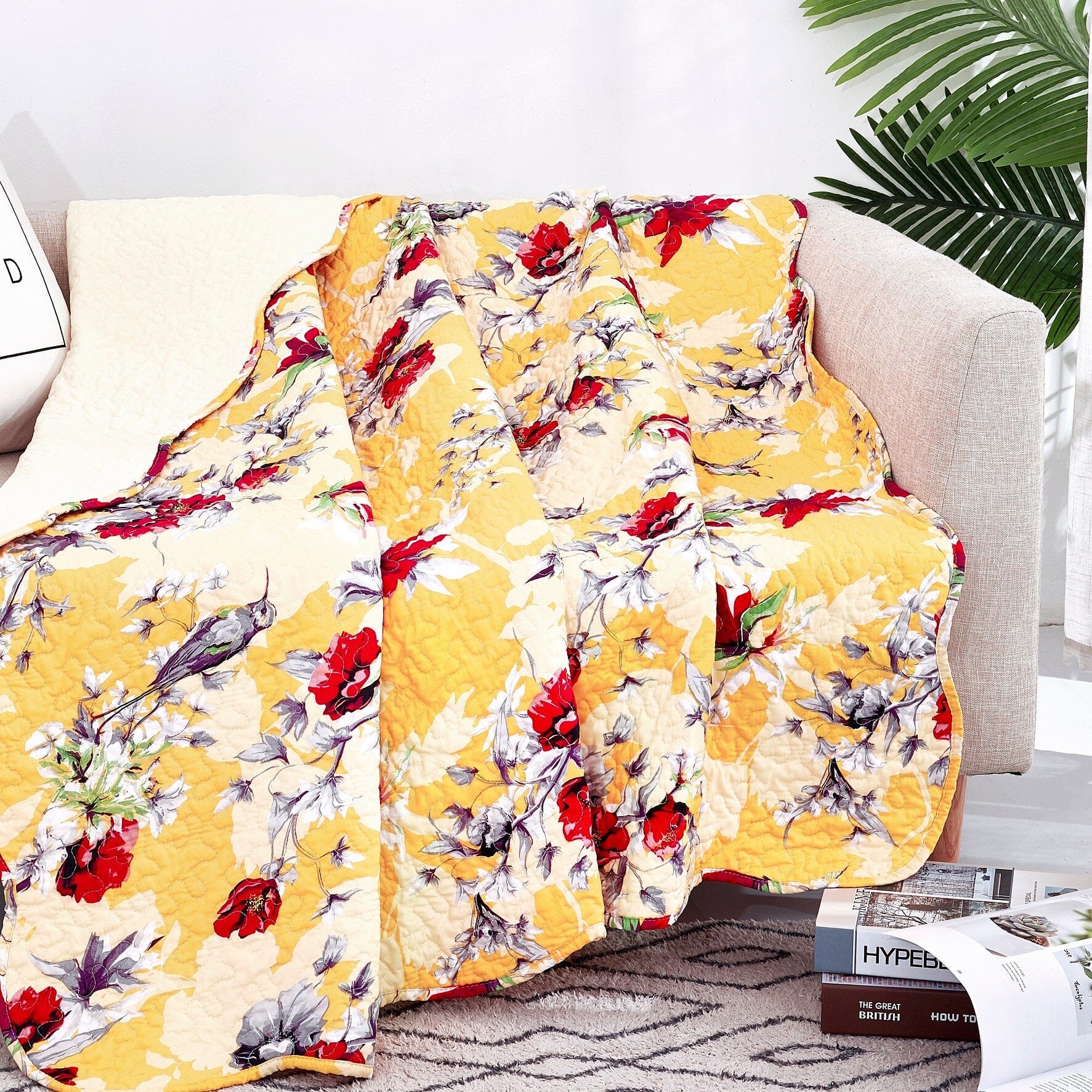 DaDa Bedding Yellow Floral Quilted Throw Blanket - Hummingbirds Farmhouse Red Flowers for Couch, Sofa or Bed- Scalloped Edges - 50 x 60 - - Throw Blankets