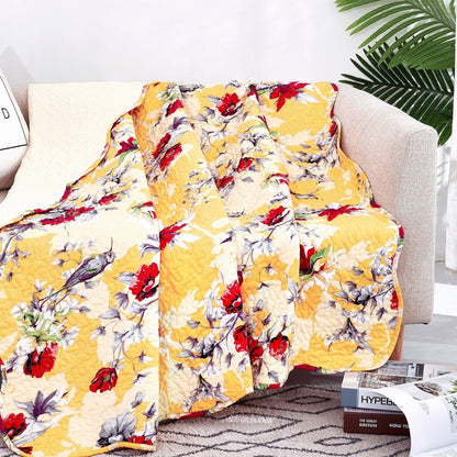 DaDa Bedding Yellow Floral Quilted Throw Blanket - Hummingbirds Farmhouse Red Flowers for Couch, Sofa or Bed- Scalloped Edges - 50 x 60 - - Throw Blankets