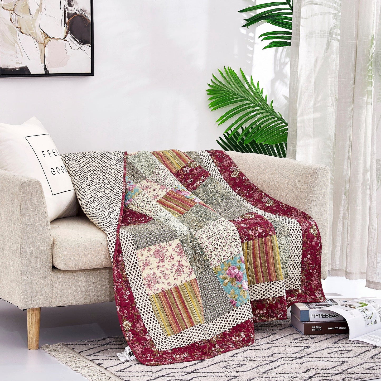 Tache Fairy Tale Tea Party Beige Burgundy Paisley Floral Cotton Patchwork Quilted Throw Blanket (DXJ103443) - - Blanket