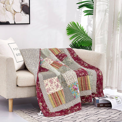 Tache Fairy Tale Tea Party Beige Burgundy Paisley Floral Cotton Patchwork Quilted Throw Blanket (DXJ103443) - - Blanket