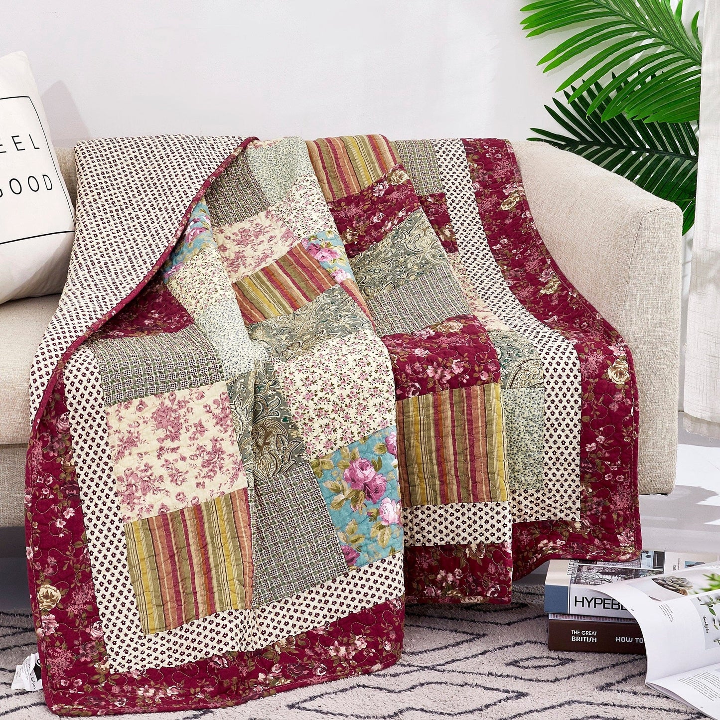 Tache Fairy Tale Tea Party Beige Burgundy Paisley Floral Cotton Patchwork Quilted Throw Blanket (DXJ103443) - 50 x 60 - Blanket