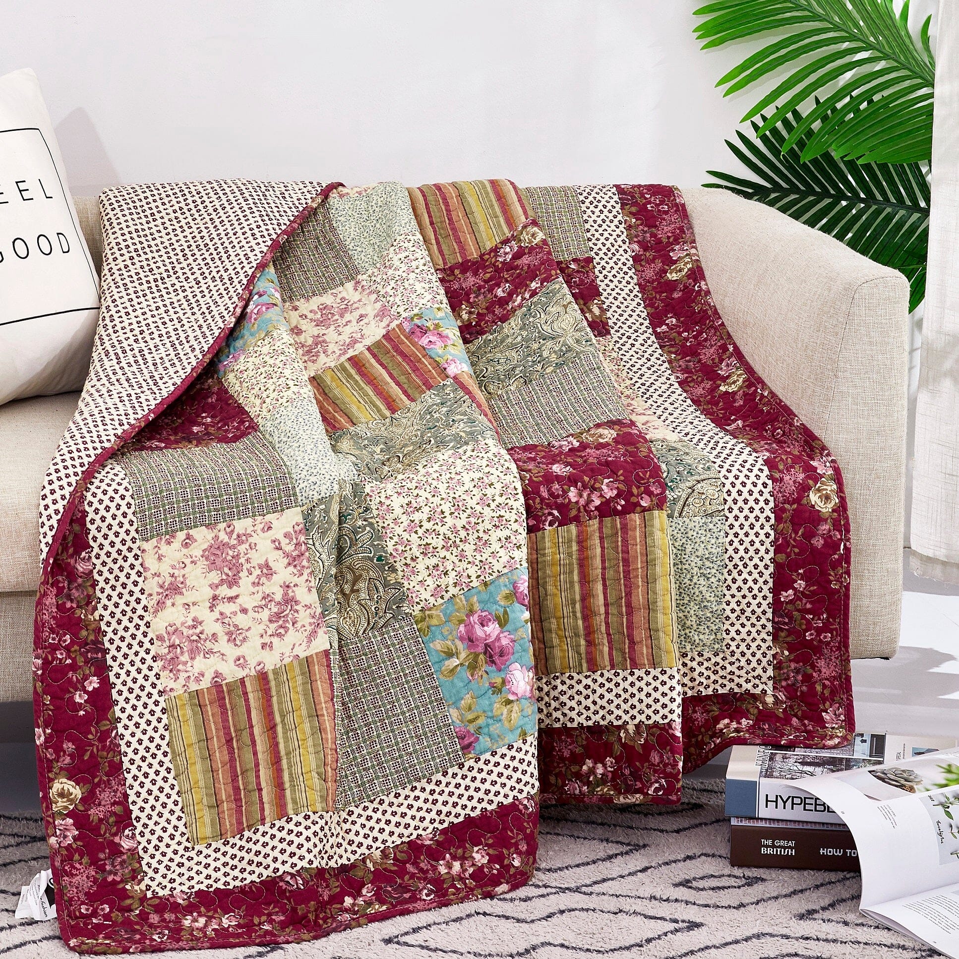 Tache Fairy Tale Tea Party Beige Burgundy Paisley Floral Cotton Patchwork Quilted Throw Blanket (DXJ103443) - 50 x 60 - Blanket