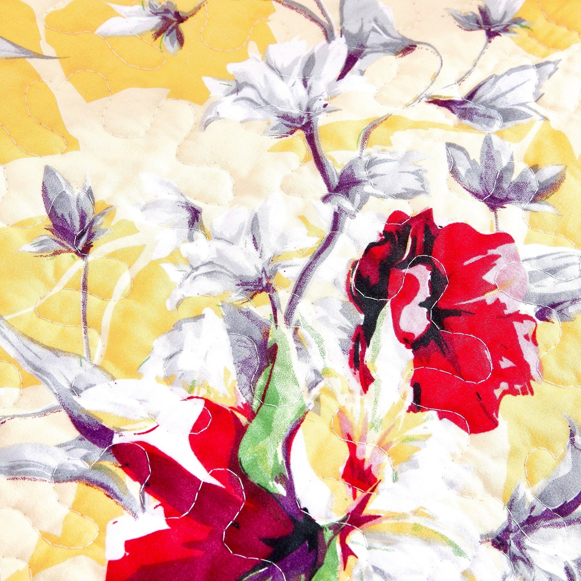 DaDa Bedding Yellow Floral Quilted Throw Blanket - Hummingbirds Farmhouse Red Flowers for Couch, Sofa or Bed- Scalloped Edges - 50 x 60 - - Throw Blankets