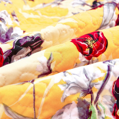 DaDa Bedding Yellow Floral Quilted Throw Blanket - Hummingbirds Farmhouse Red Flowers for Couch, Sofa or Bed- Scalloped Edges - 50 x 60 - - Throw Blankets