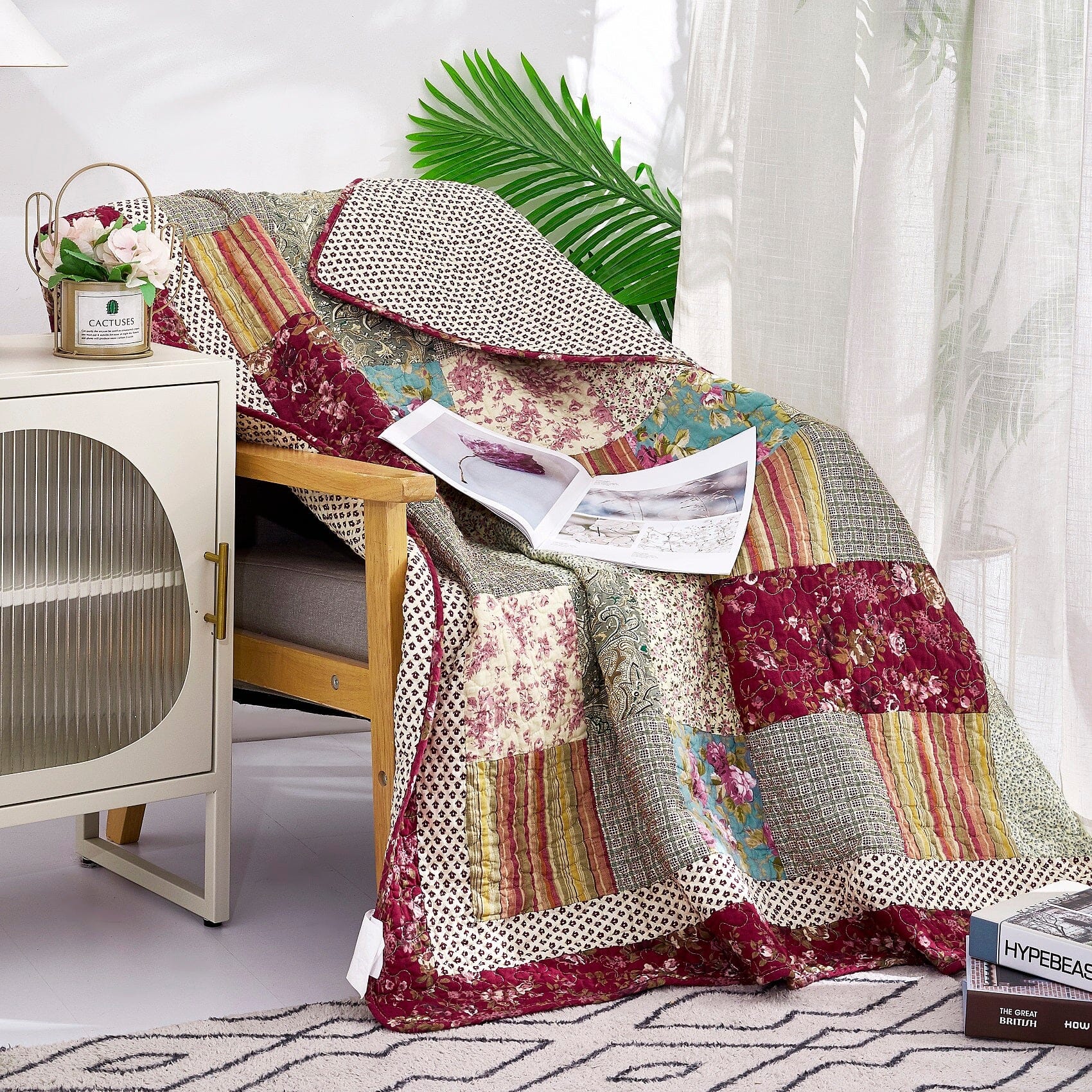 Tache Fairy Tale Tea Party Beige Burgundy Paisley Floral Cotton Patchwork Quilted Throw Blanket (DXJ103443) - - Blanket