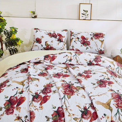 Tache Vintage Rose Garden Hummingbirds Burgundy White Reversible Floral Quilt Set (SD-7676) - - Quilt / Bedspread