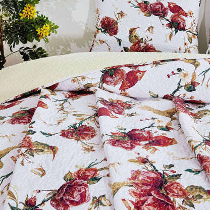 Tache Vintage Rose Garden Hummingbirds Burgundy White Reversible Floral Quilt Set (SD-7676) - - Quilt / Bedspread