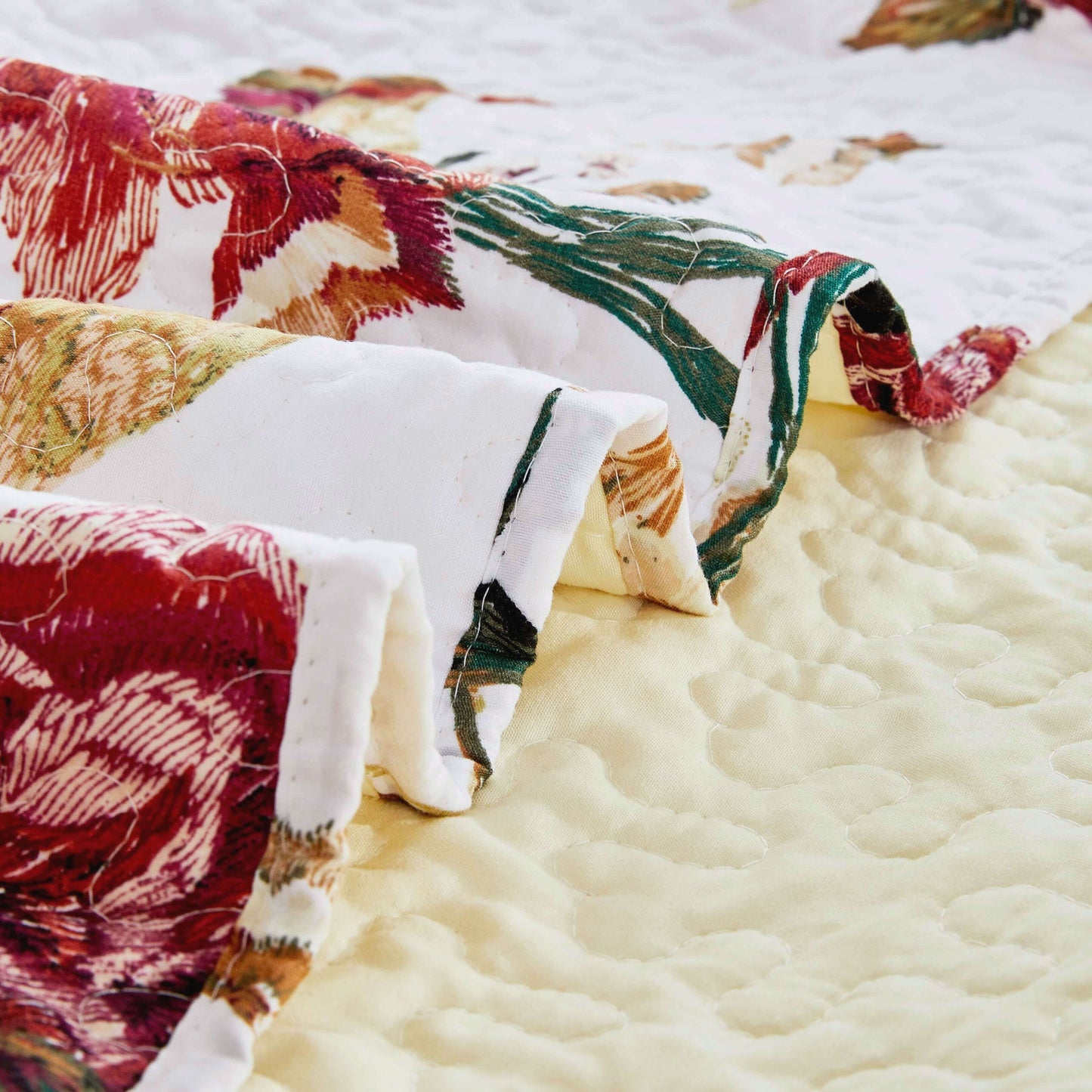 Tache Vintage Rose Garden Hummingbirds Burgundy White Reversible Floral Quilt Set (SD-7676) - - Quilt / Bedspread