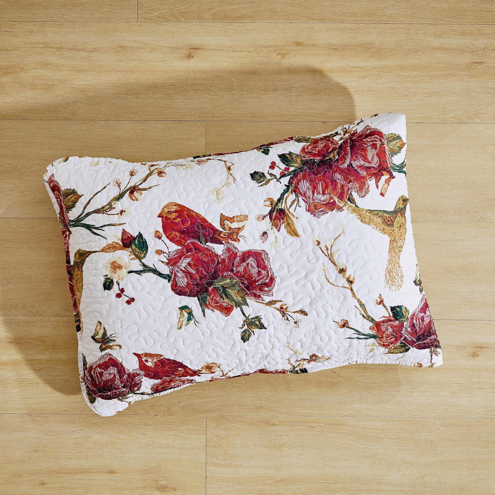 Tache Vintage Rose Garden Hummingbirds Burgundy White Reversible Floral Quilt Set (SD-7676) - - Quilt / Bedspread