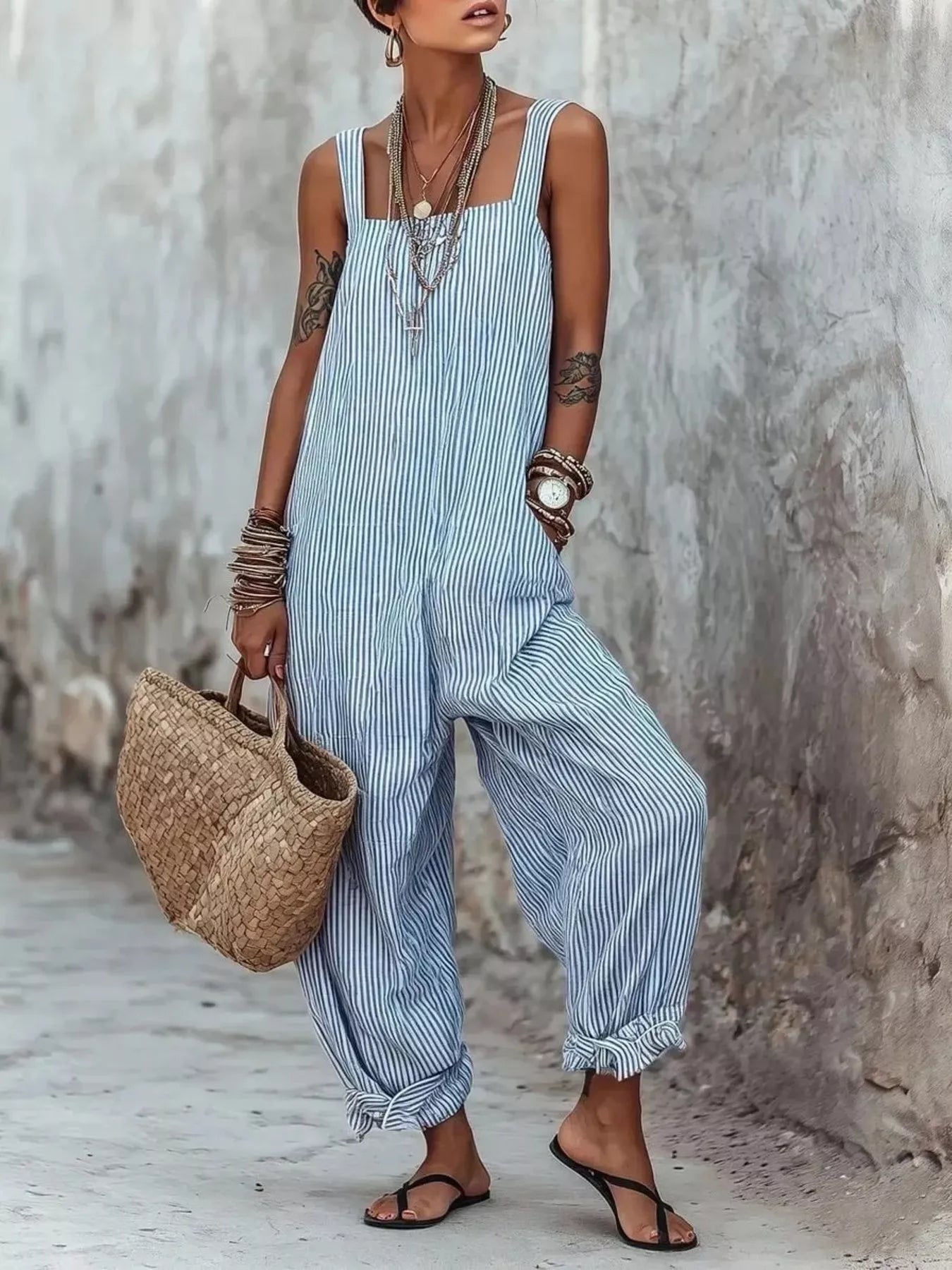 Full Size Striped Wide-Leg Jumpsuit Plus Size - Sky Blue -