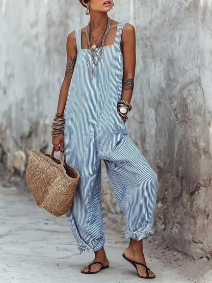 Full Size Striped Wide-Leg Jumpsuit Plus Size - Sky Blue -