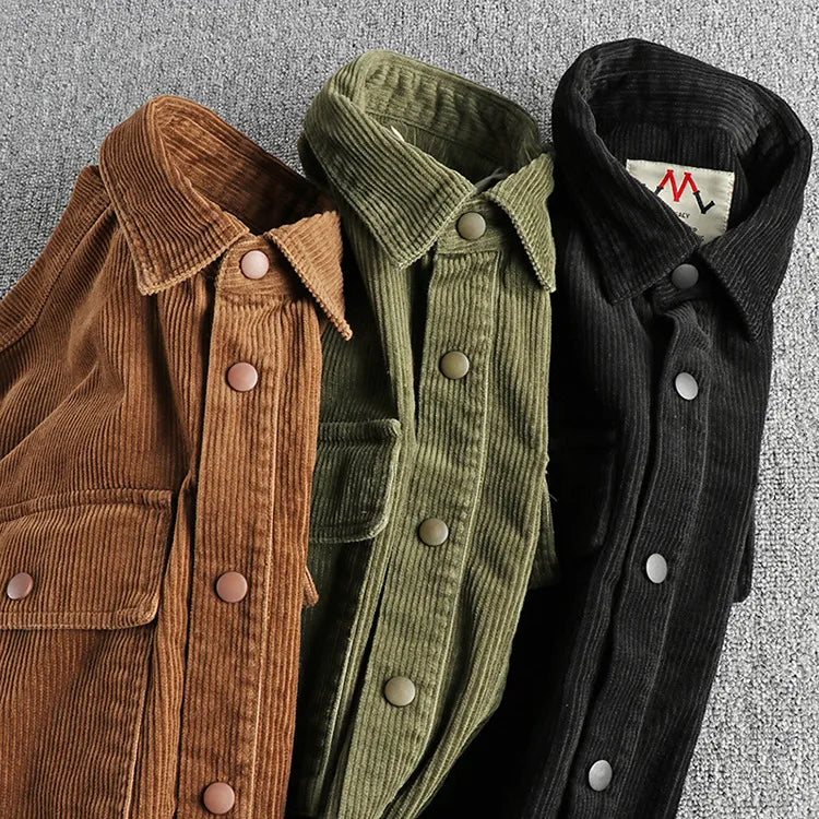 Men's Plus Size Corduroy Button Up Long Sleeve Jacket - -