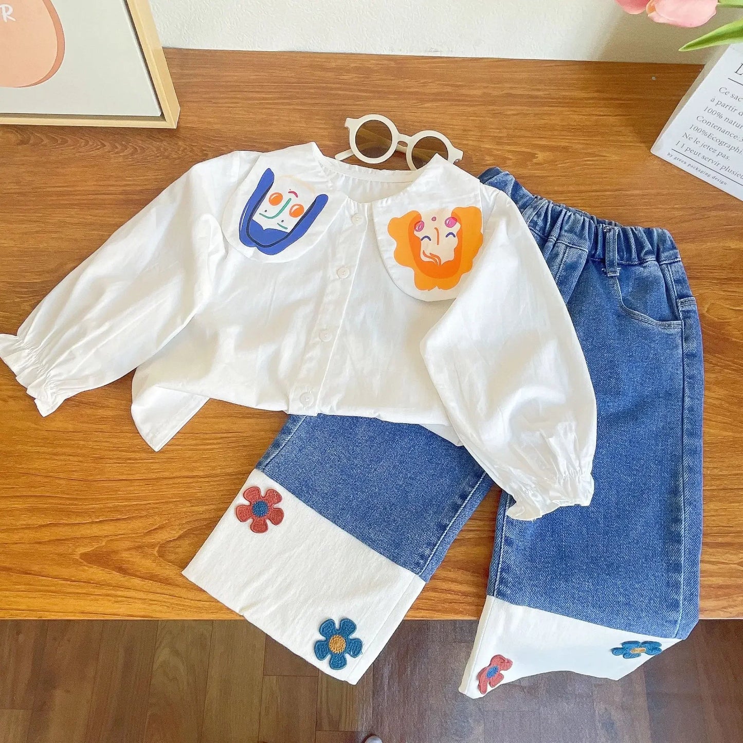 Long Sleeve Shirt and Jeans 2pc Set Orange Blue White