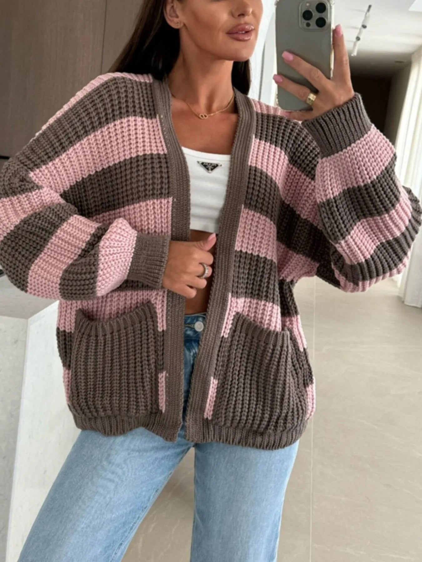 Striped Open Front Long Sleeve Cardigan - -