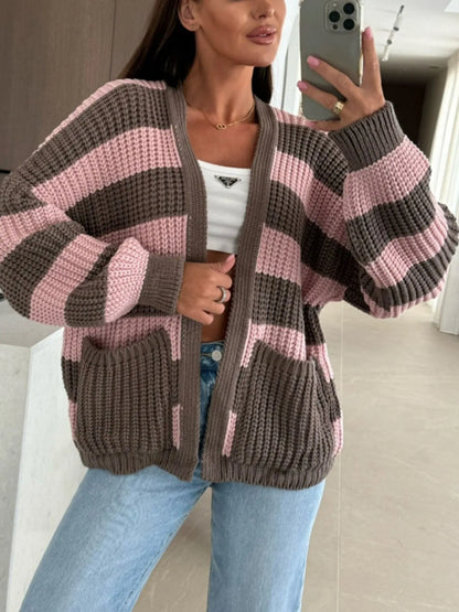 Striped Open Front Long Sleeve Cardigan - -