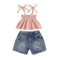 Solid Color Tank Tops and Ripped Denim Short Set Pink