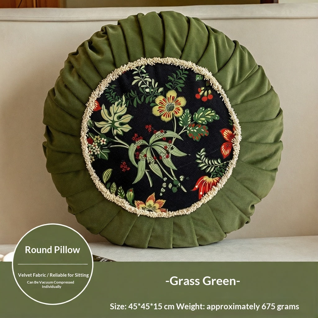 Vintage Style Chinese Floral Pattern Round Cushion - Green With Core 45x45x15cm - Pillows