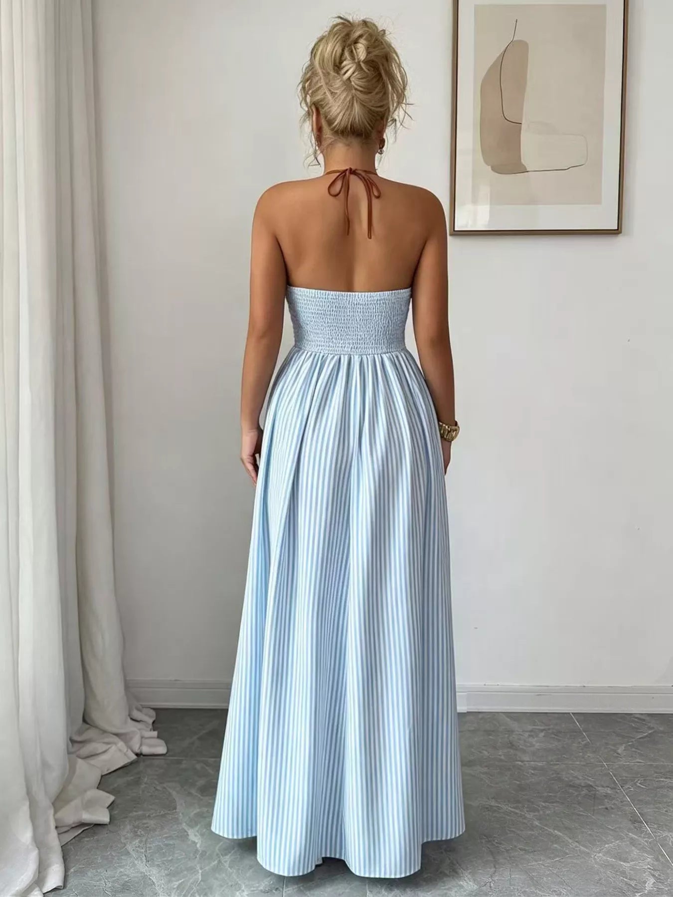 Striped Halter Neck Maxi Dress - -