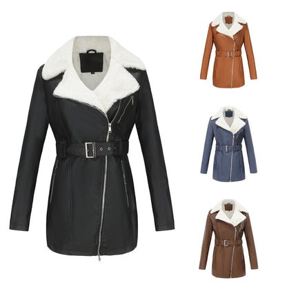 Long Sleeved Plush Leather Jacket Double Turn- Down Necked Zipper and Waistband