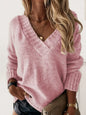 V-Neck Long Sleeve Knit Top - Dusty Pink -