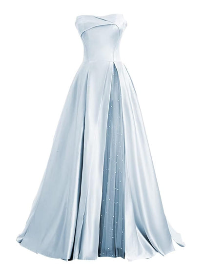 Elegant Strapless Satin Ball Gown with Pearls - Sky Blue 14 - dress