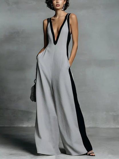 Deep V-Neck Wide-Leg Jumpsuit - Gray -