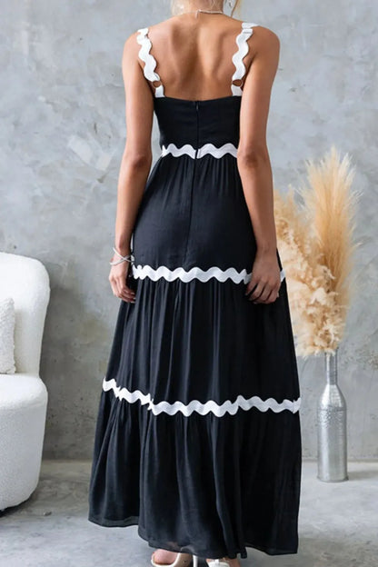 Tiered Maxi Dress with Scalloped Trim - -