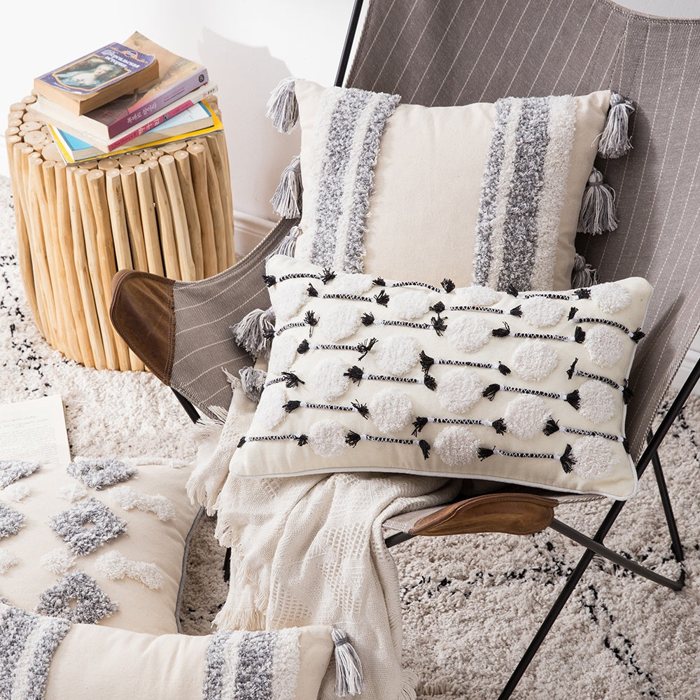 Cotton Macrame Pillow Case Woven Tufted Throw Pillow Cover With Tassel