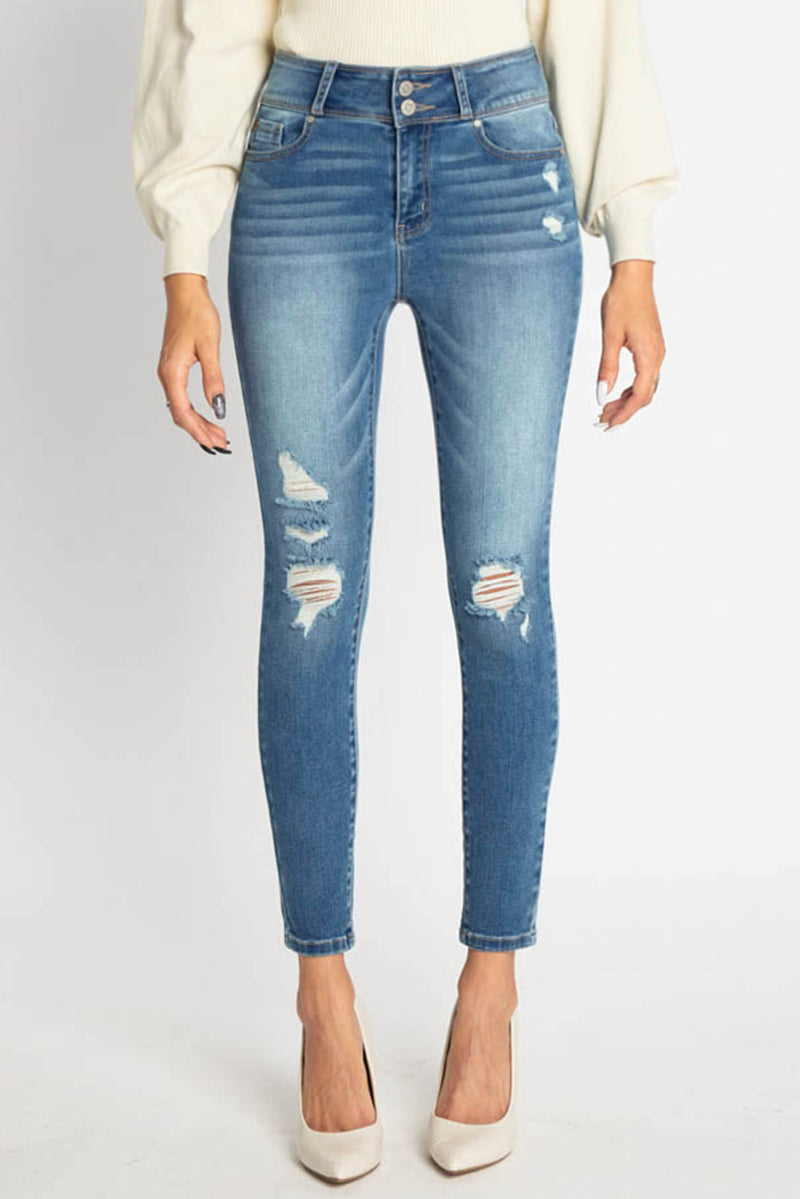 High Rise Destructed Skinny Jeans - - Skinny Jeans