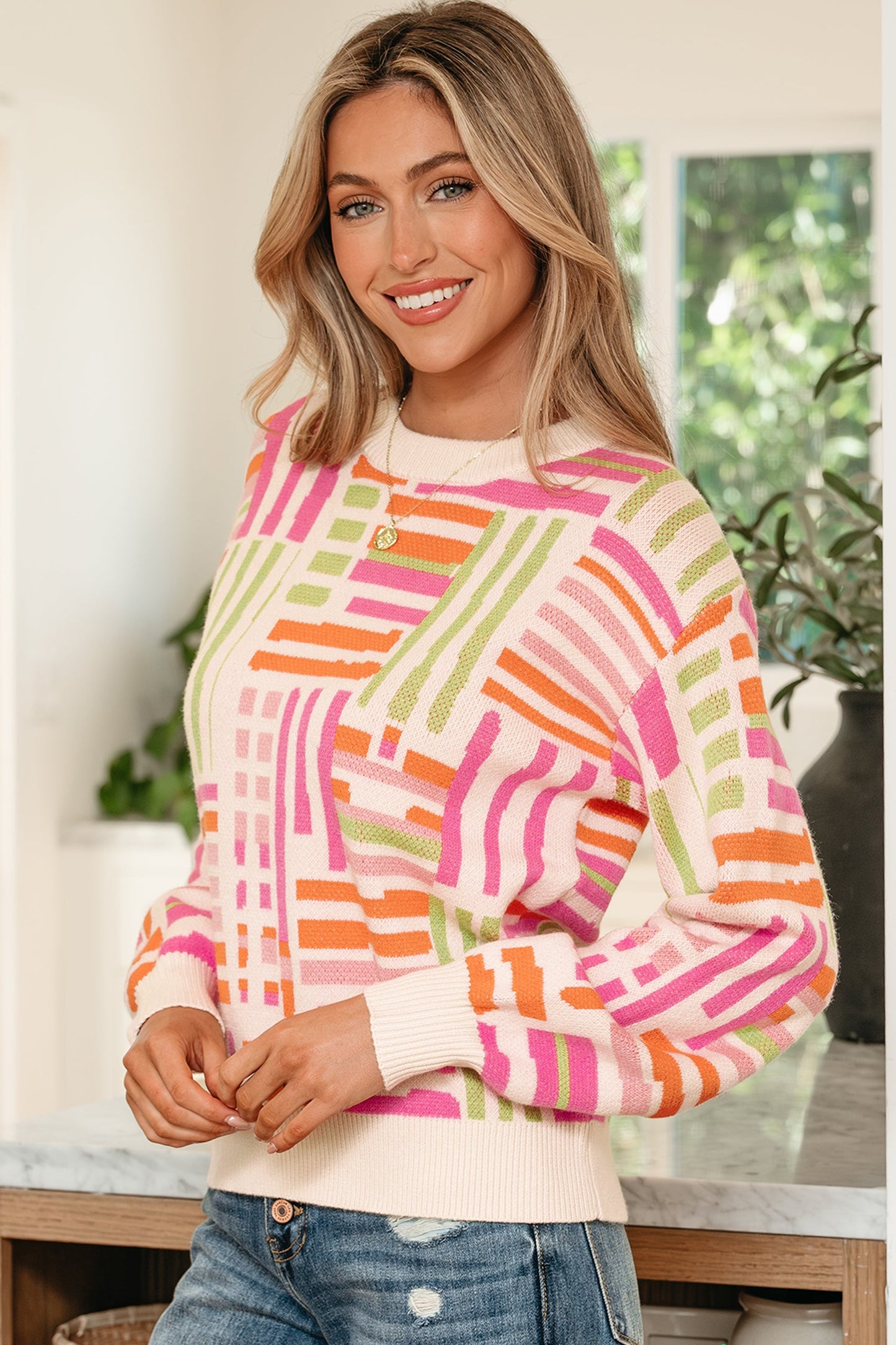 Rose Love Lines Pattern Crew Neck Puff Sleeve Sweater - - Sweaters & Cardigans/Sweaters