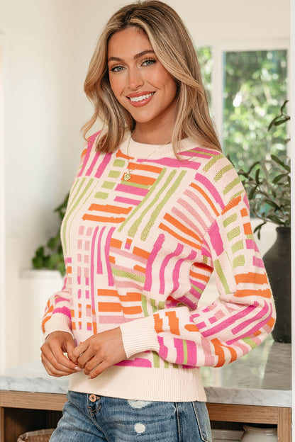 Rose Love Lines Pattern Crew Neck Puff Sleeve Sweater - - Sweaters & Cardigans/Sweaters