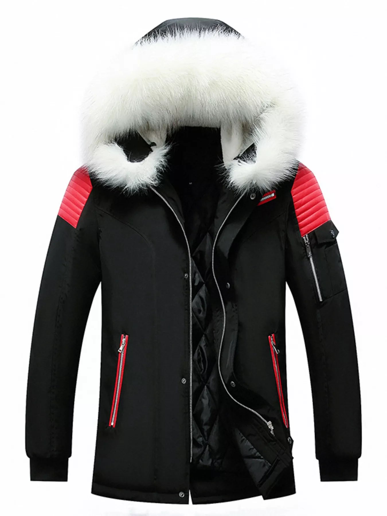 Men's Plus Size Fur Hooded Winter Parka Jacket - Black -