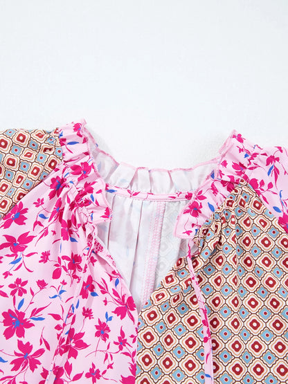 Boho Mixed Floral Drop Shoulder Bubble Sleeve Blouse - -