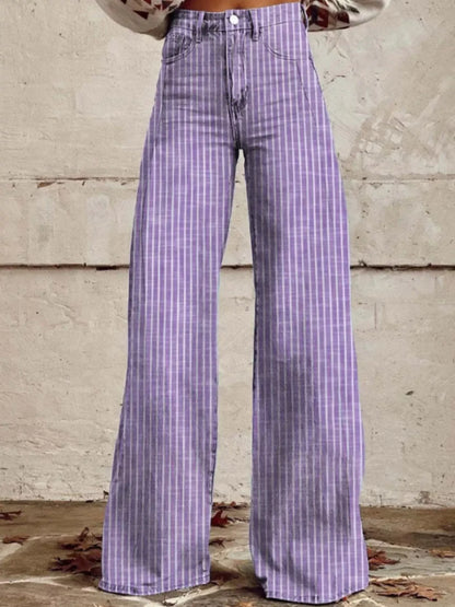 Colored Striped High-Waisted Wide Leg Jeans - Purple - jeans