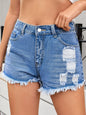 Distressed Raw Hem Denim Shorts - Dark Blue -