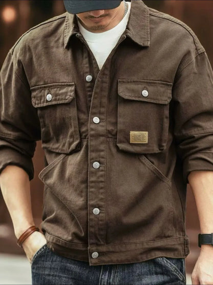 Men's Washed Collared Neck Cargo Jacket - Coffee Brown -