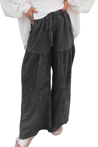 Black Mineral Wash Tiered Wide Leg Patchwork Drawstring Pants - - Bottoms/Pants & Culotte