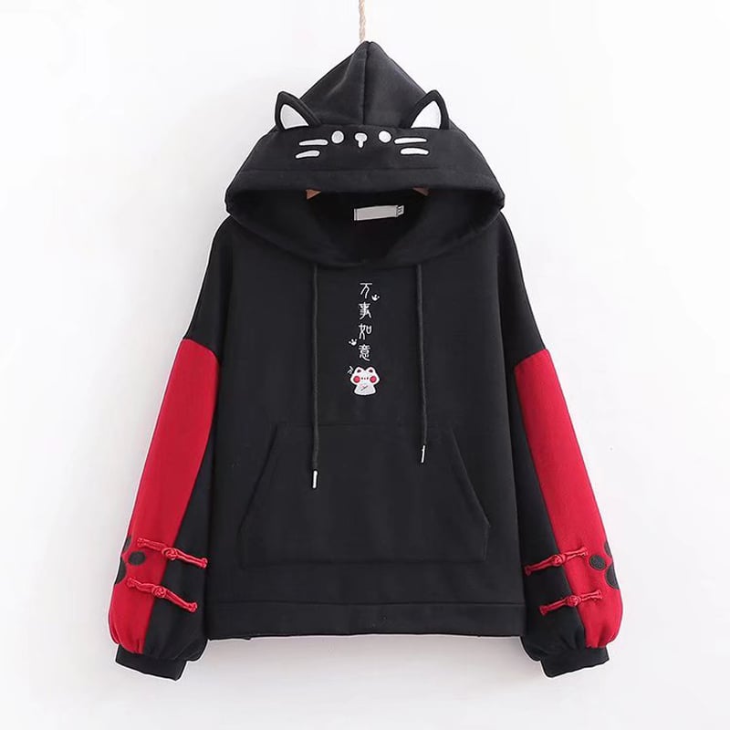 Color Contrast Cartoon Cat Embroidered Hoodie - Black S - hoodie