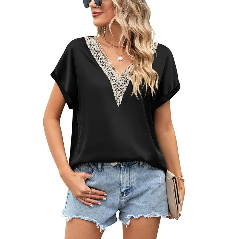 Summer Women's Blouses & Shirts V-Neck Fashion Ladies Loose Short-Sleeve Shirt