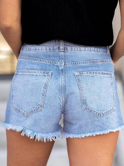 Light Wash Double Button High Waist Denim Shorts - - Shorts