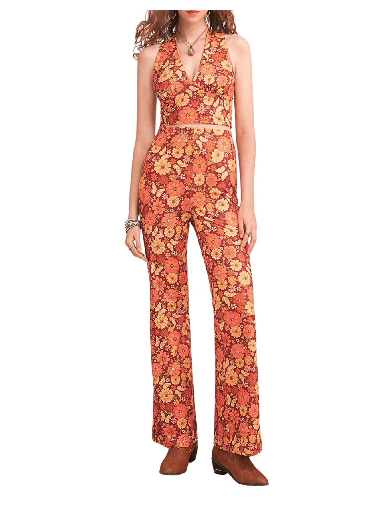 Verdusa Womens Boho Halter Crop & Flare Pants Set Floral Orange XS - Floral Orange X-Small - outfit set