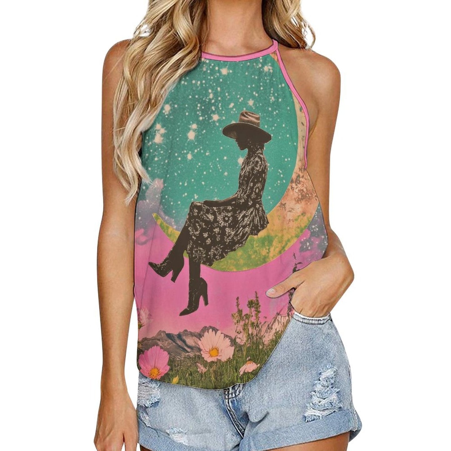 Baha Ranch Cowgirl on the Moon Retro Pop Western Tank Top - white - Tanks & Camis