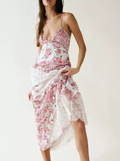 Lace Floral Print Ruffle Trim Maxi Dress - -