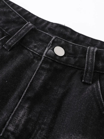 Men's Distressed Denim Shorts with Plaid Patches - -