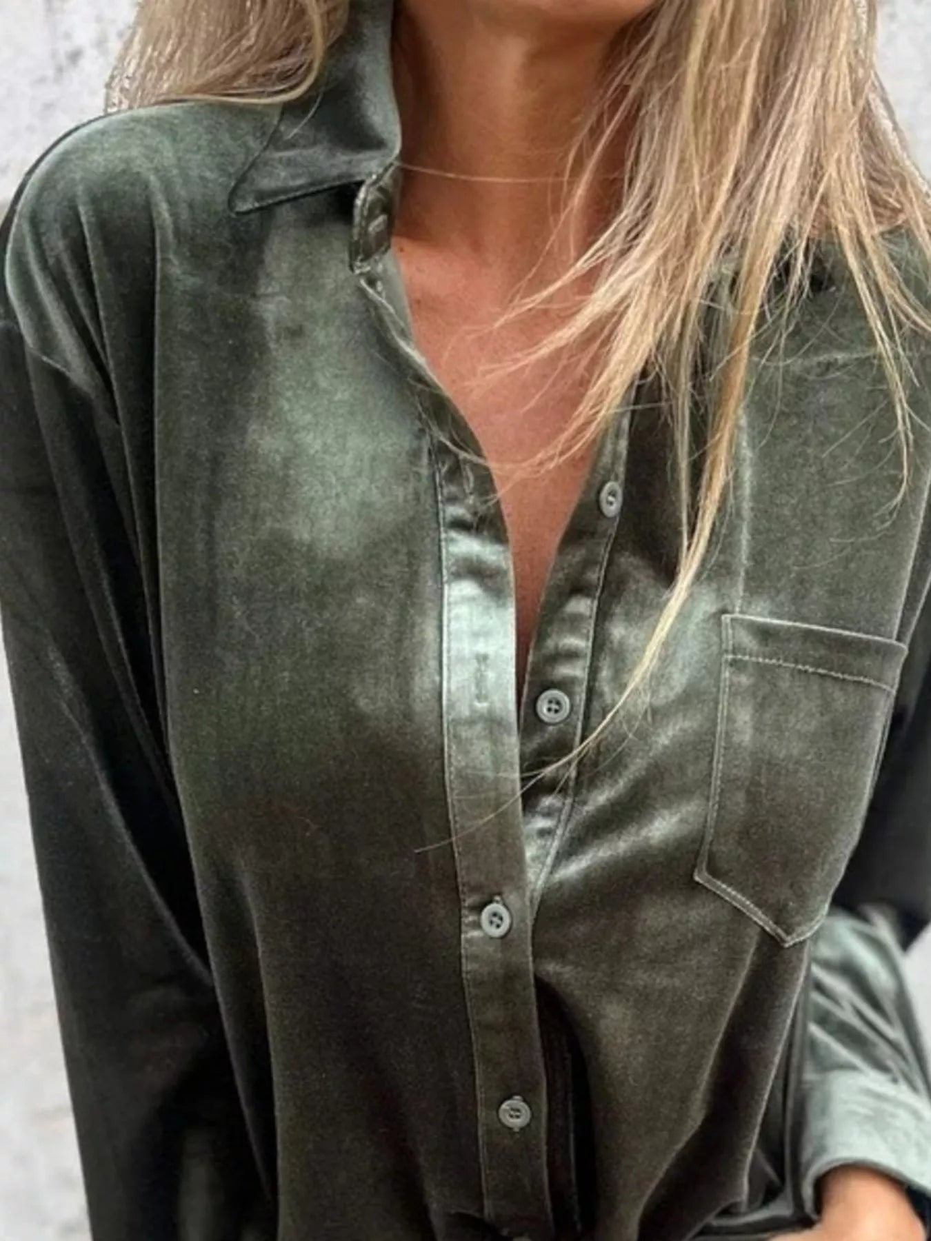 Full Size Velvet Button-Up Long Sleeve Shirt Plus Size - -